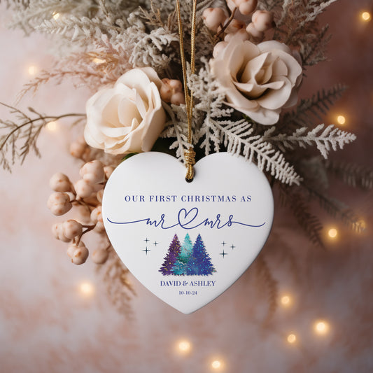 Personalized Our First Christmas as Mr & Mrs Ornament – Custom Heart-Shaped Newlywed Keepsake with Names & Date