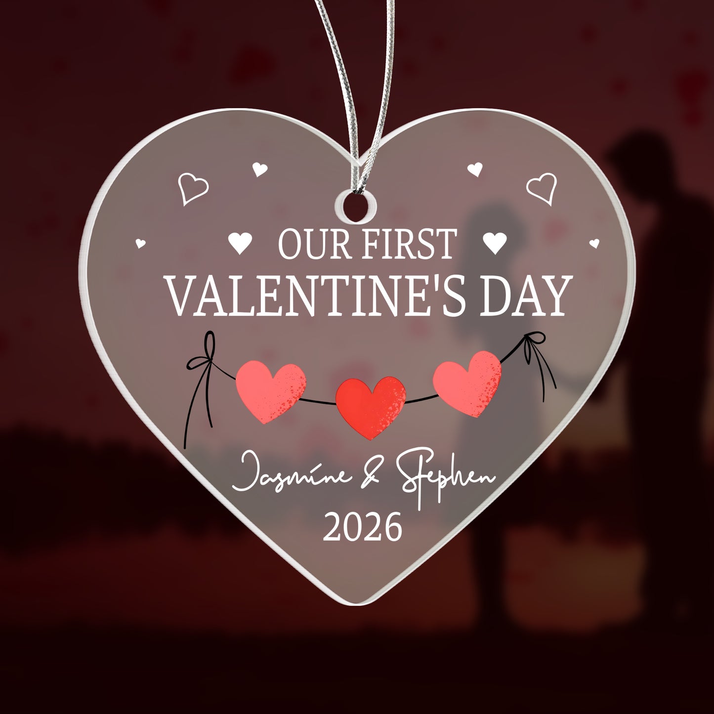 Personalized Acrylic Heart Ornament – Our First Valentine’s Day Gift, Custom Names & Year Couple Love Keepsake