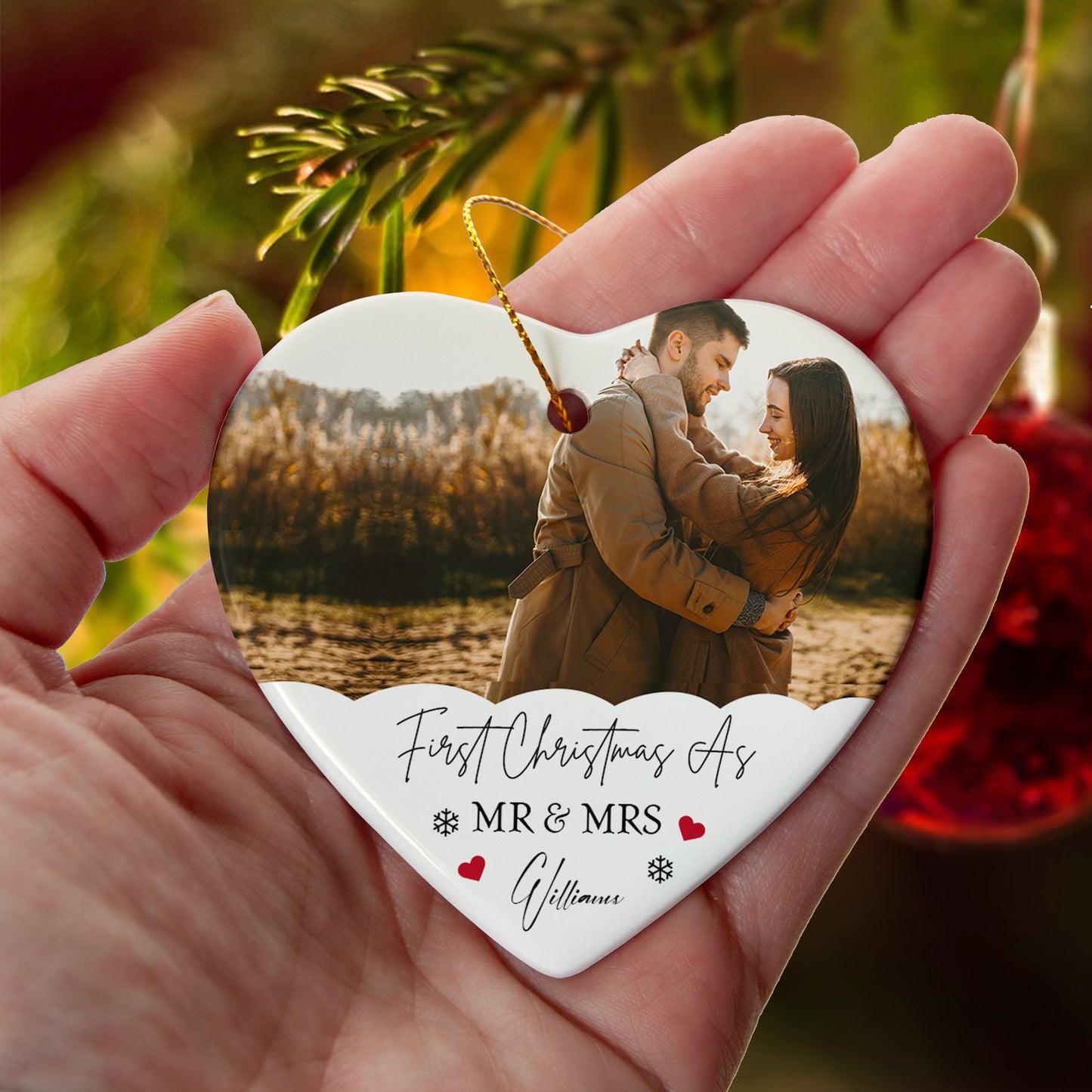 First Christmas As Mr & Mrs Photo Ornament – Personalized Ceramic Heart Ornament with Couple Picture & Family Name, Custom Newlywed Christmas Gift 2025