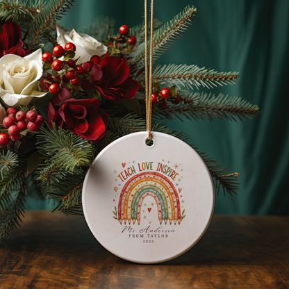 Personalized Teacher Ornament – Custom Name Christmas Gift from Student – Teach Love Inspire Rainbow Keepsake