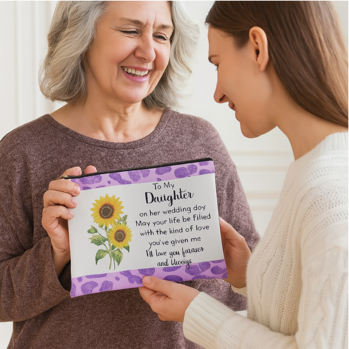To My Daughter Wedding Day Makeup Bag from Mom – Sunflower Gift for Bride – Sentimental Bridal Gift – Forever Love Zipper Pouch