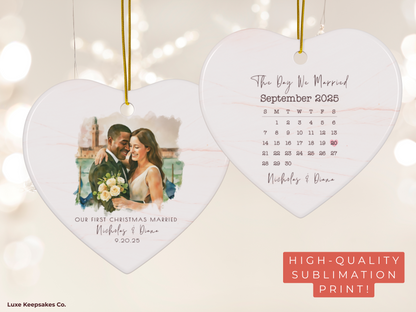 Personalized Wedding Ornament – Custom Photo & Wedding Date Calendar Keepsake – Our First Christmas Married Gift
