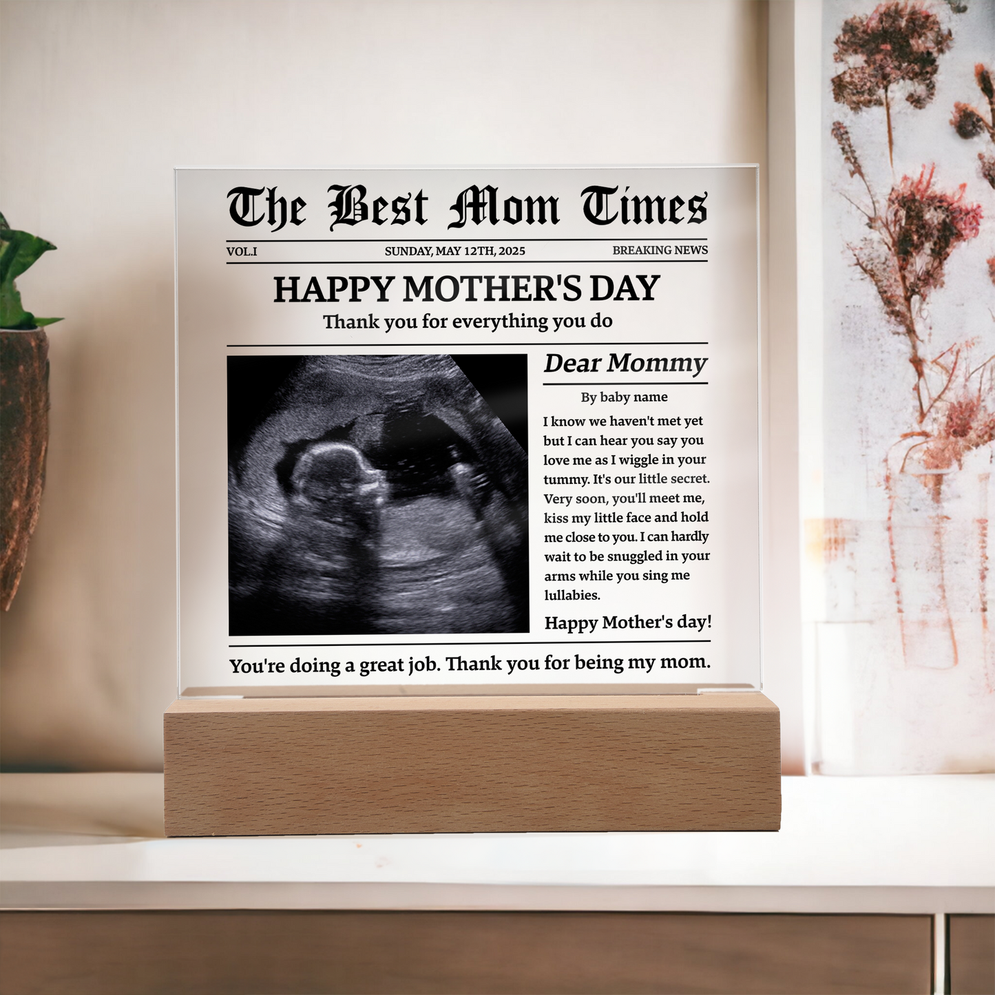 Personalized Baby-to-Mom Newspaper Acrylic Plaque Gift