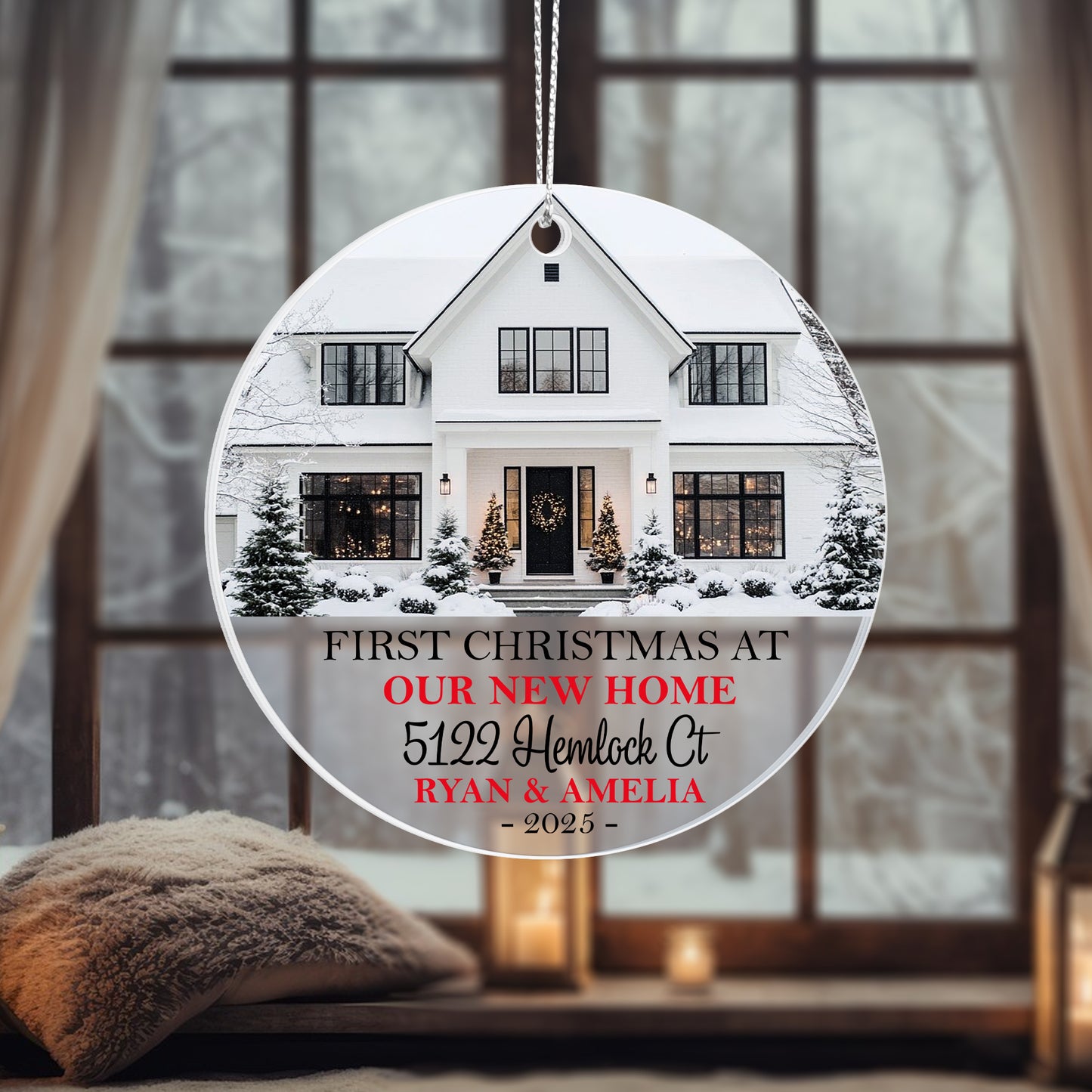 First Christmas at Our New Home Ornament 2025 – Personalized Acrylic Circle Ornament with Photo, Address & Names, Custom Housewarming Christmas Gift