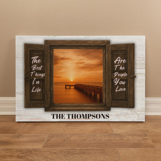 Custom Family Name Canvas – “The Best Things In Life” Window Sunset Wall Art