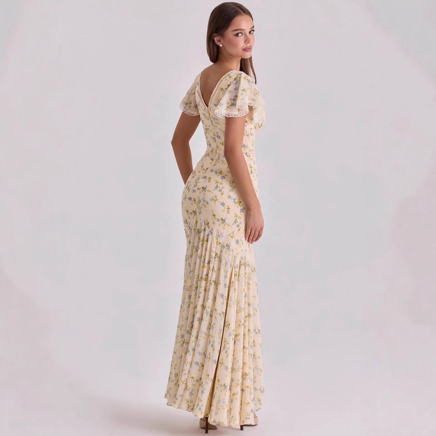 Floral Chiffon Maxi Dress – V-Neck Lace Trim Flutter Sleeve | Elegant Floral Maxi Dress for Women | Summer Vacation Dress