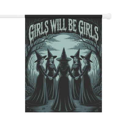 Girls Will Be Girls Garden Flag – Gothic Witch Coven Outdoor Halloween Décor – Feminist Spooky Yard Flag