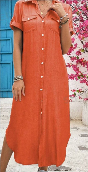 Denim-Look Longline Shirt Dress | Casual Maxi Button Down | Summer Beach Dress | Black Blue Orange | S–3XL