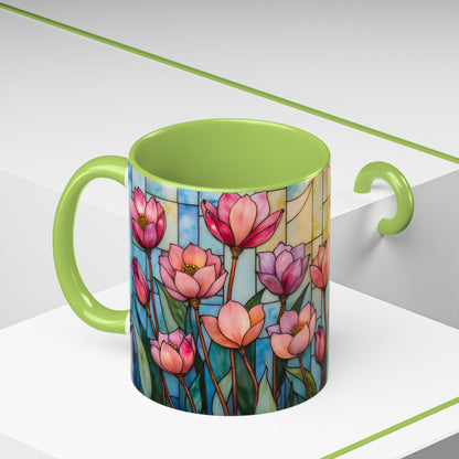 Stained Glass Tulip Mug – Floral Coffee Mug | Botanical Art Mug | Mother's Day, Birthday, Easter Gift for Her | 11oz & 15oz Accent Coffee Mug