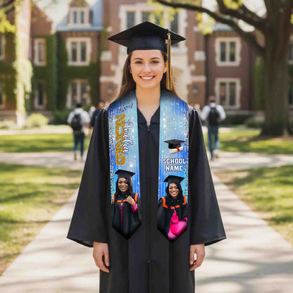 Personalized Light Blue Graduation Stole Class of 2026 – Custom Name Photo Graduation Sash with School Name, Senior Gift for Her or Him