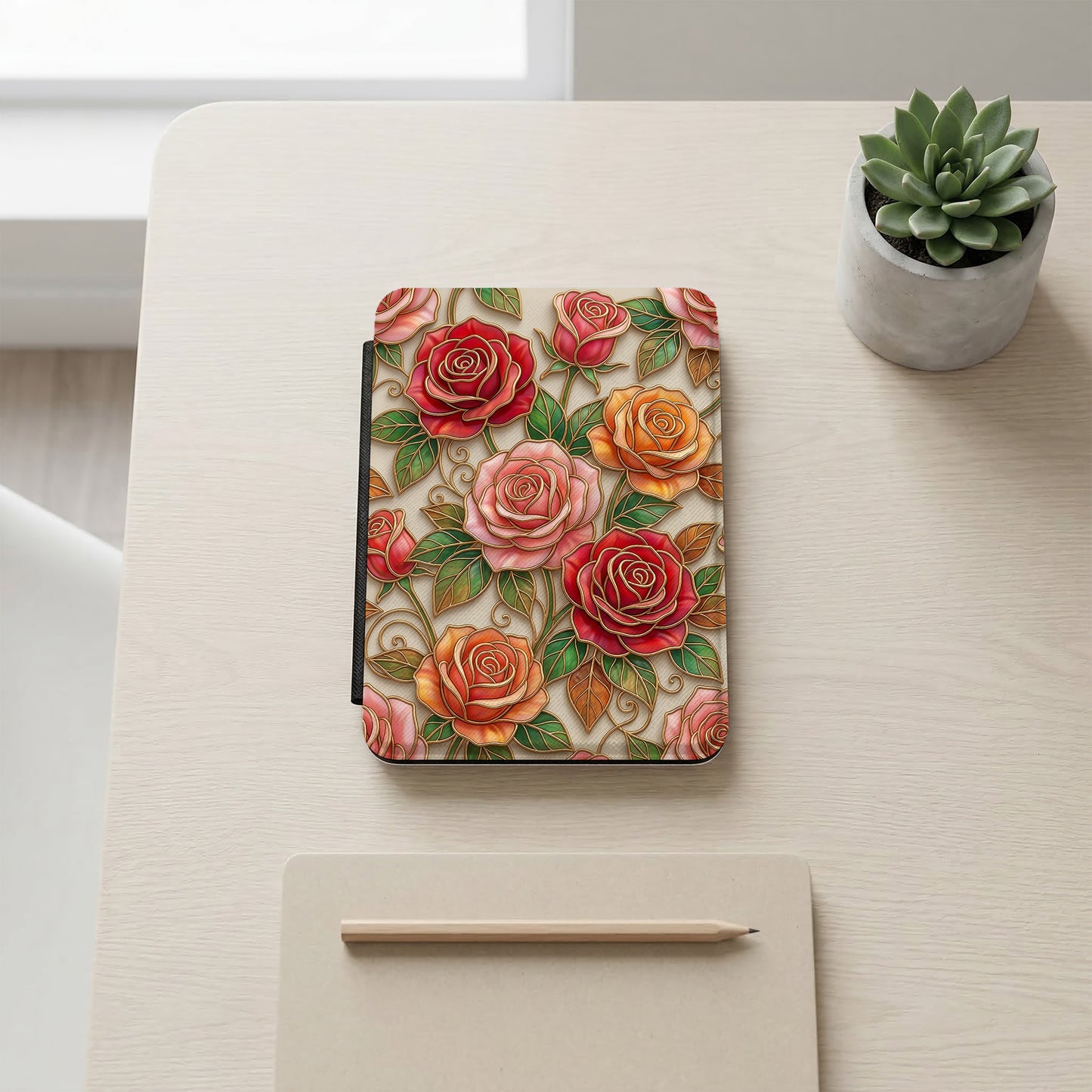 Patterned Colorful Embossed Rose Floral Design Kindle Case