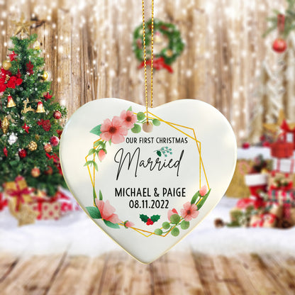 Our First Christmas Married Ornament 2025 – Personalized Floral Ceramic Heart Ornament for Couples, Custom Newlywed Gift, Wedding Keepsake Decoration