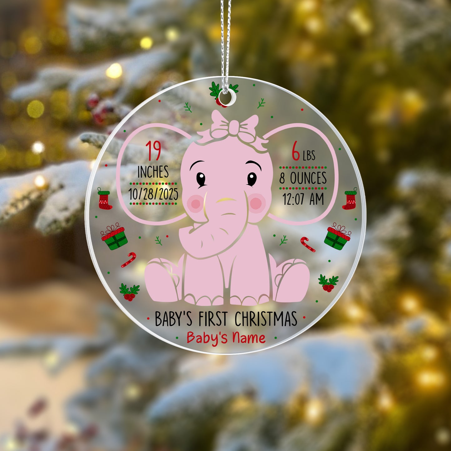 Baby’s First Christmas Ornament 2025 – Personalized Acrylic Ornament with Birth Stats & Name – Pink Elephant Newborn Keepsake Gift