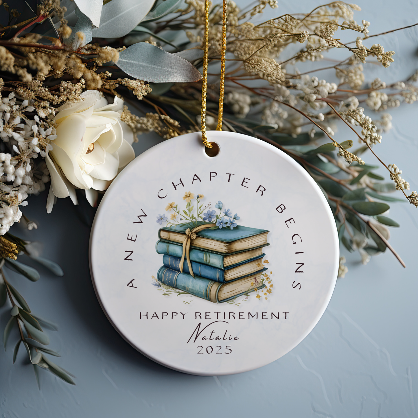 Personalized Retirement Ornament – Custom “A New Chapter Begins” Keepsake with Name & Year – Gift for Retired Coworker or Teacher