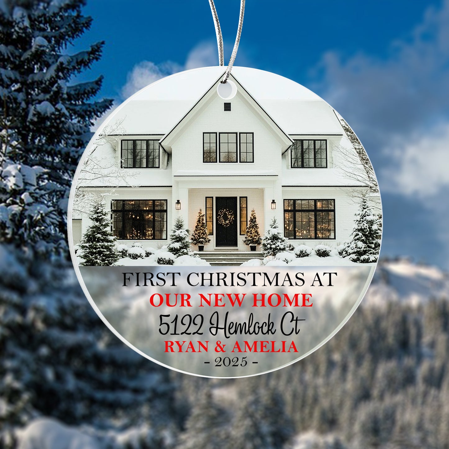 First Christmas at Our New Home Ornament 2025 – Personalized Acrylic Circle Ornament with Photo, Address & Names, Custom Housewarming Christmas Gift