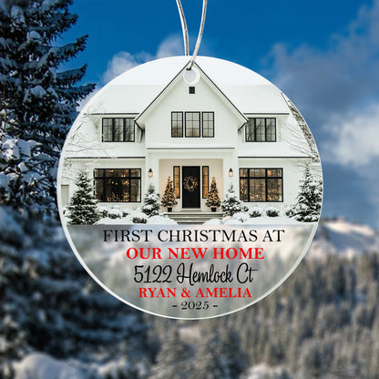 First Christmas at Our New Home Ornament 2025 – Personalized Acrylic Circle Ornament with Photo, Address & Names, Custom Housewarming Christmas Gift