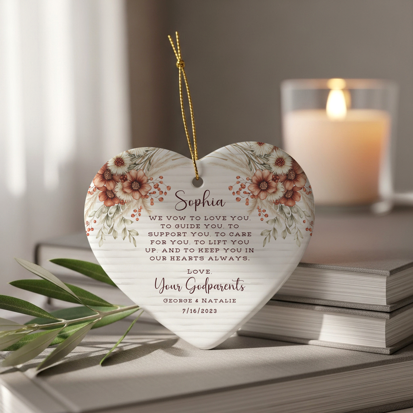 Personalized Godparent Ornament – Heart Keepsake with Child’s Name & Date – Baptism or Christening Gift