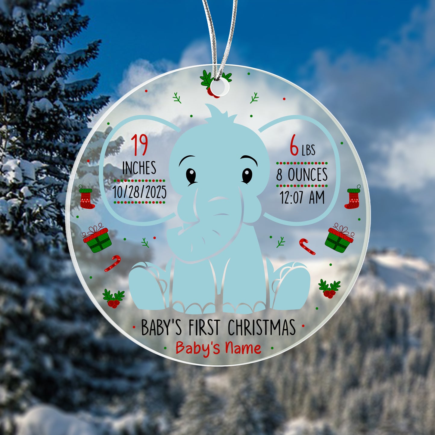 Baby’s First Christmas Ornament 2025 – Personalized Acrylic Ornament with Birth Stats & Name – Blue Elephant Newborn