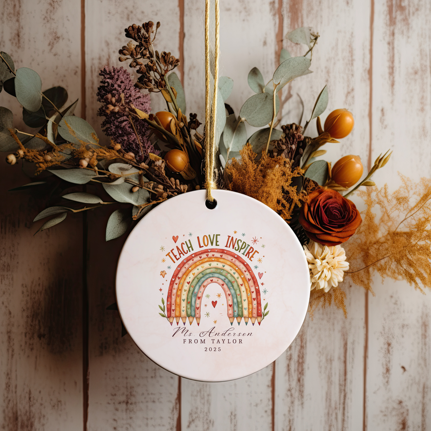 Personalized Teacher Ornament – Custom Name Christmas Gift from Student – Teach Love Inspire Rainbow Keepsake