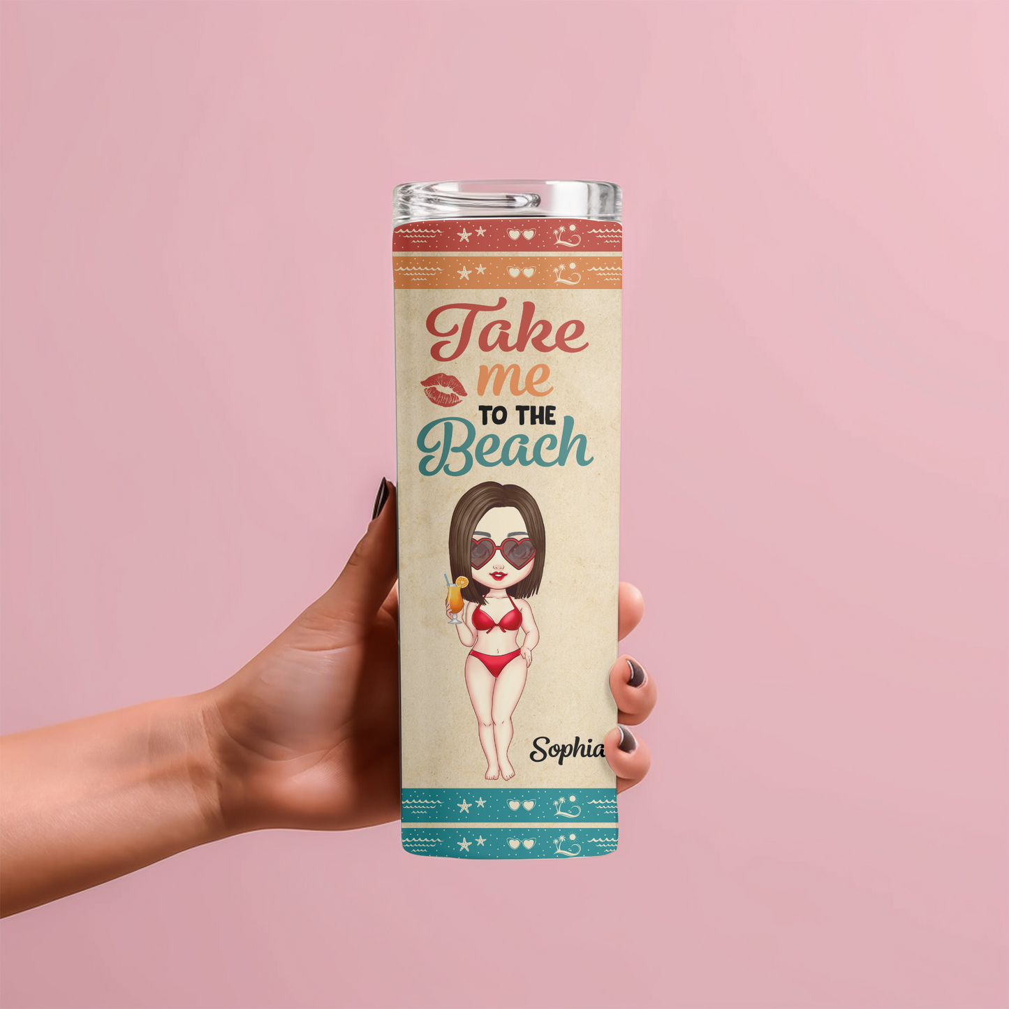 Personalized “Take Me to the Beach” 20oz Skinny Tumbler – Custom Summer Travel Cup with Name & Character !