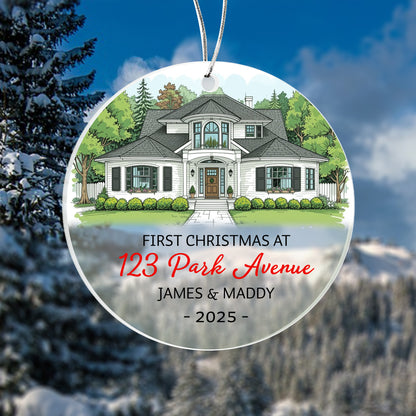 First Christmas at Our New Home Ornament 2025 – Personalized Acrylic House Ornament with Address, Names & Year, Custom New Homeowner Gift