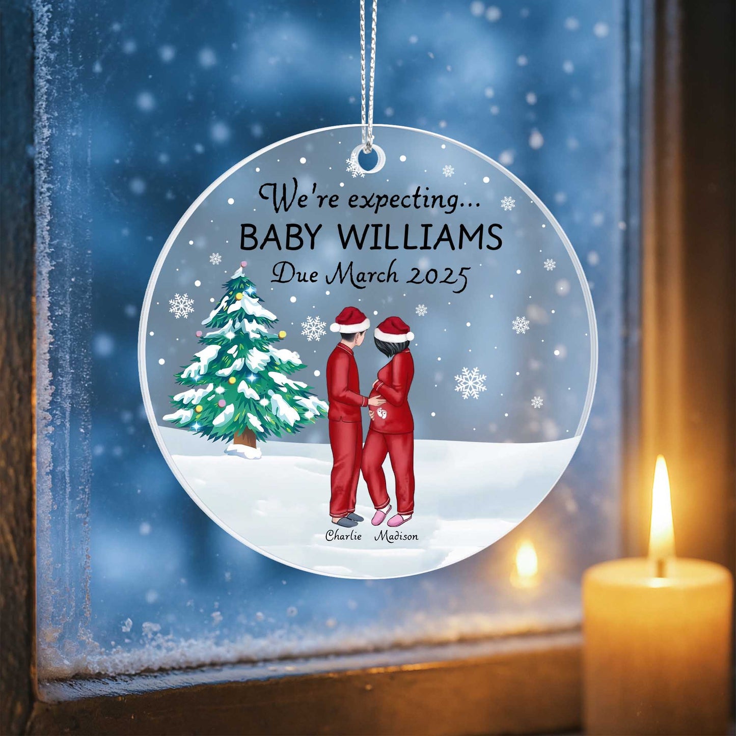 Personalized Acrylic Christmas Ornament - "We're Expecting" Baby Announcement - Due May 2025