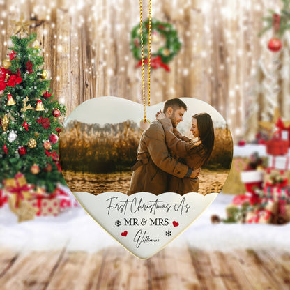 First Christmas As Mr & Mrs Photo Ornament – Personalized Ceramic Heart Ornament with Couple Picture & Family Name, Custom Newlywed Christmas Gift 2025