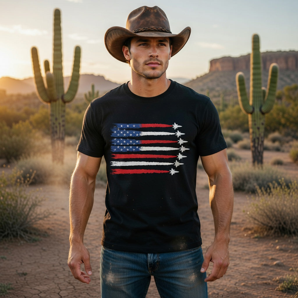 American Flag Fighter Jet T-Shirt – Patriotic USA Air Force Military Jet Tee