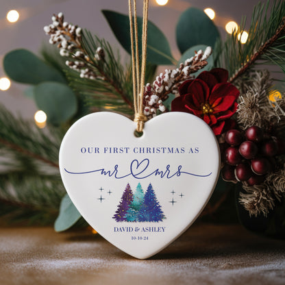 Personalized Our First Christmas as Mr & Mrs Ornament – Custom Heart-Shaped Newlywed Keepsake with Names & Date