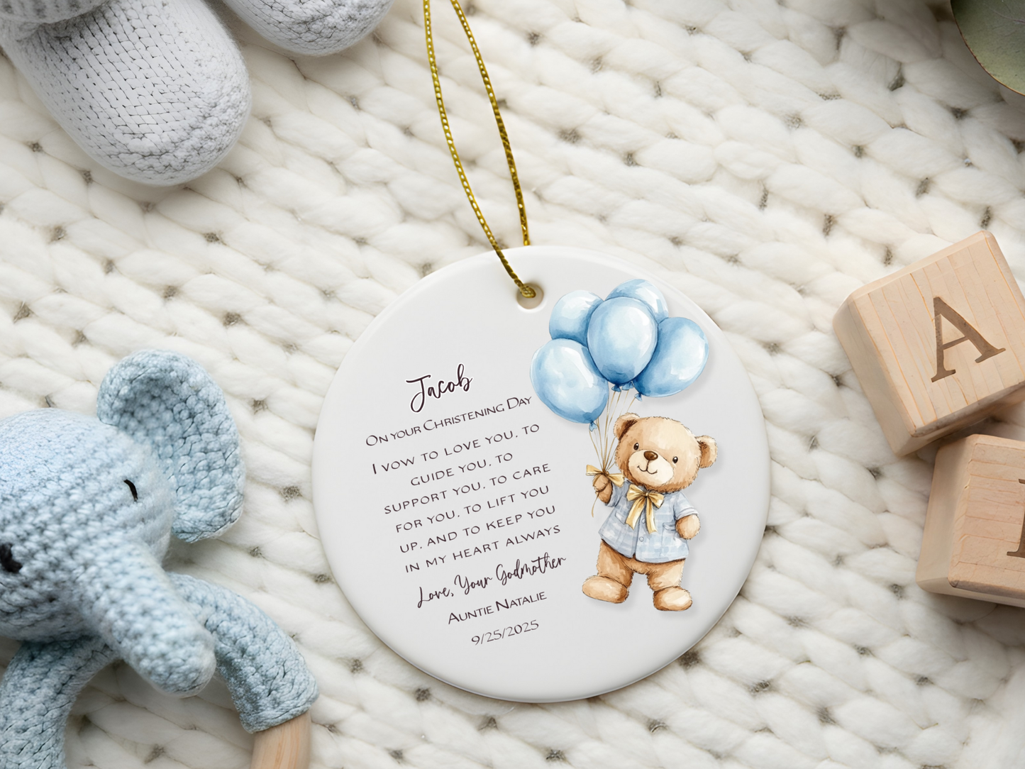 Personalized Christening Ornament – Baby Baptism Gift from Godmother or Loved One – Custom Keepsake with Name & Date – Christening Day Ornament
