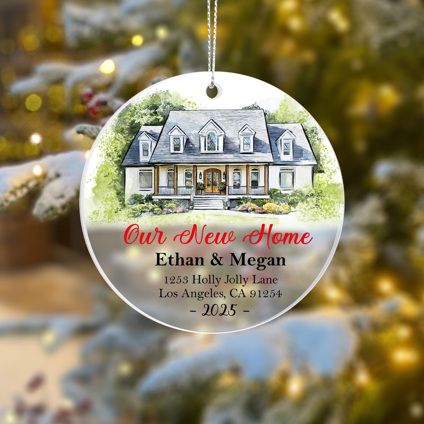 Our New Home Ornament 2025 – Personalized Acrylic Circle Ornament with Photo, Names & Address, Custom New Homeowner Christmas Gift