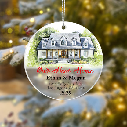 Our New Home Ornament 2025 – Personalized Acrylic Circle Ornament with Photo, Names & Address, Custom New Homeowner Christmas Gift
