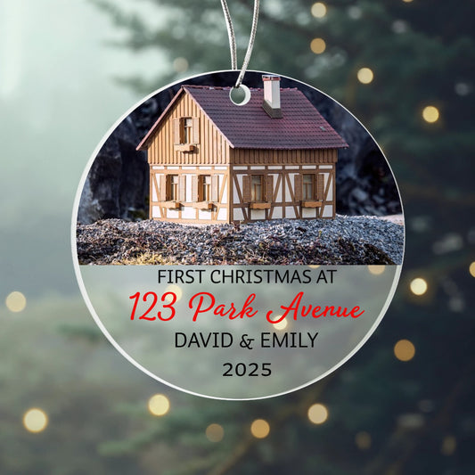 First Christmas at Our New Home Ornament 2025 – Personalized Acrylic House Ornament with Address, Names & Year, Custom New Homeowner Gift