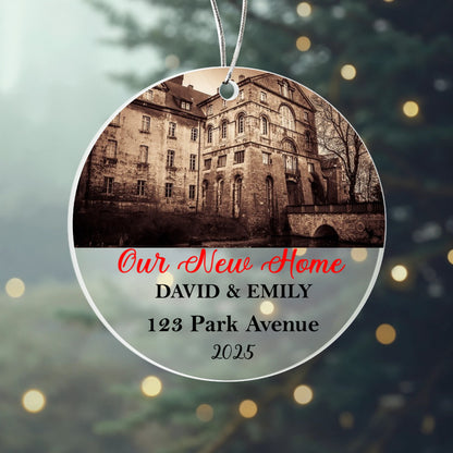 Our New Home Ornament 2025 – Personalized Acrylic Circle Ornament with Photo, Names & Address, Custom New Homeowner Christmas Gift