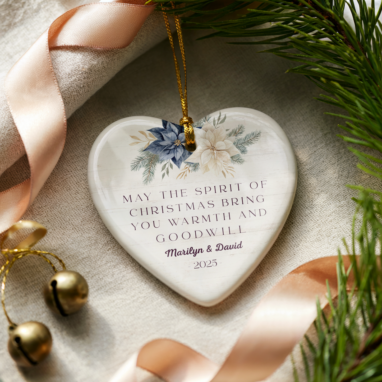 Personalized Heart-Shaped Christmas Ornament - May the Spirit of Christmas Bring You Warmth and Goodwill - Perfect Holiday Keepsake for Couples - 2025 Edition