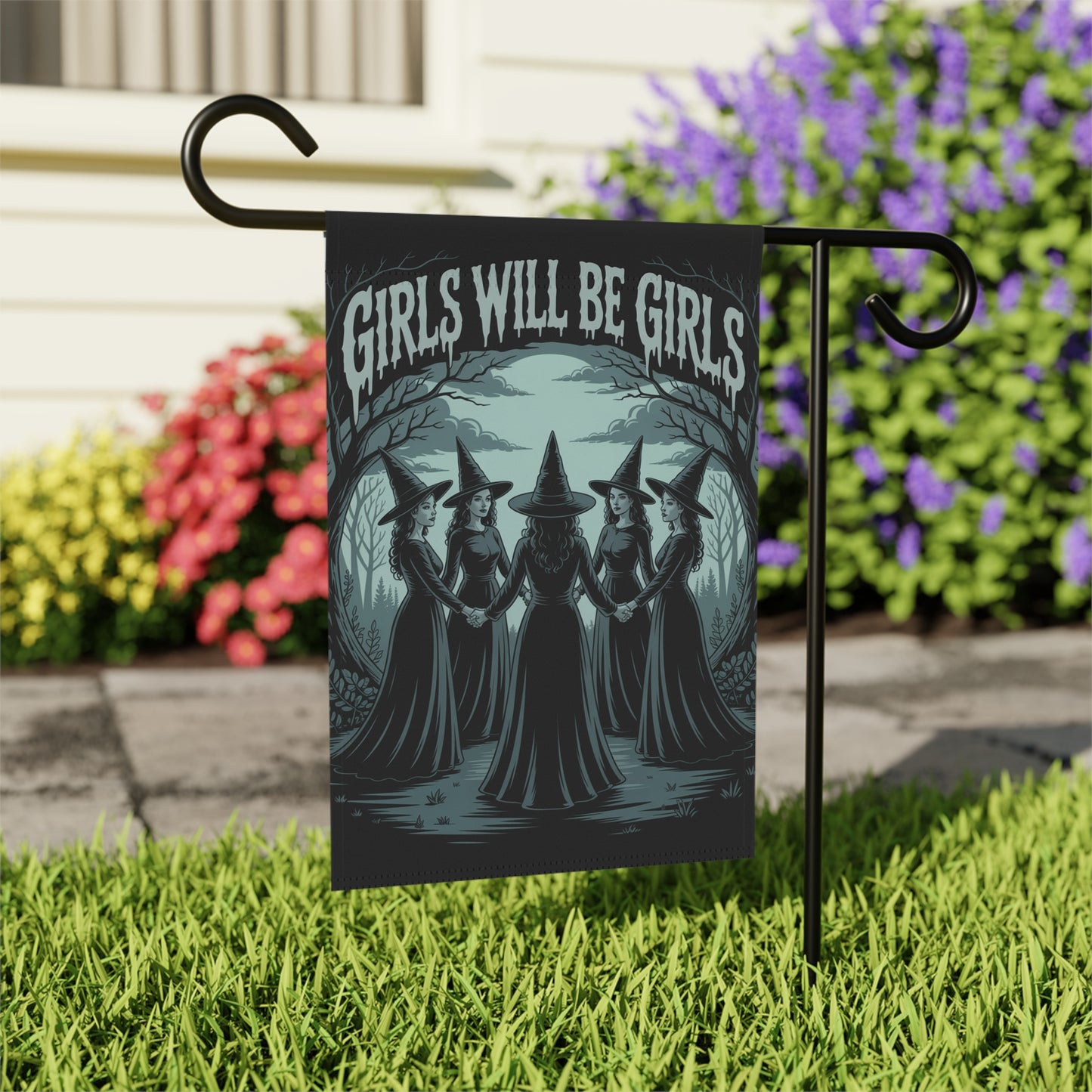 Girls Will Be Girls Garden Flag – Gothic Witch Coven Outdoor Halloween Décor – Feminist Spooky Yard Flag