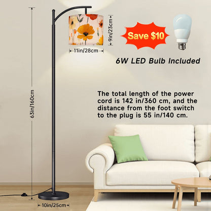 Boho Floral Floor Lamp – Floral Arc Design with Wildflowers, Modern Boho Lighting