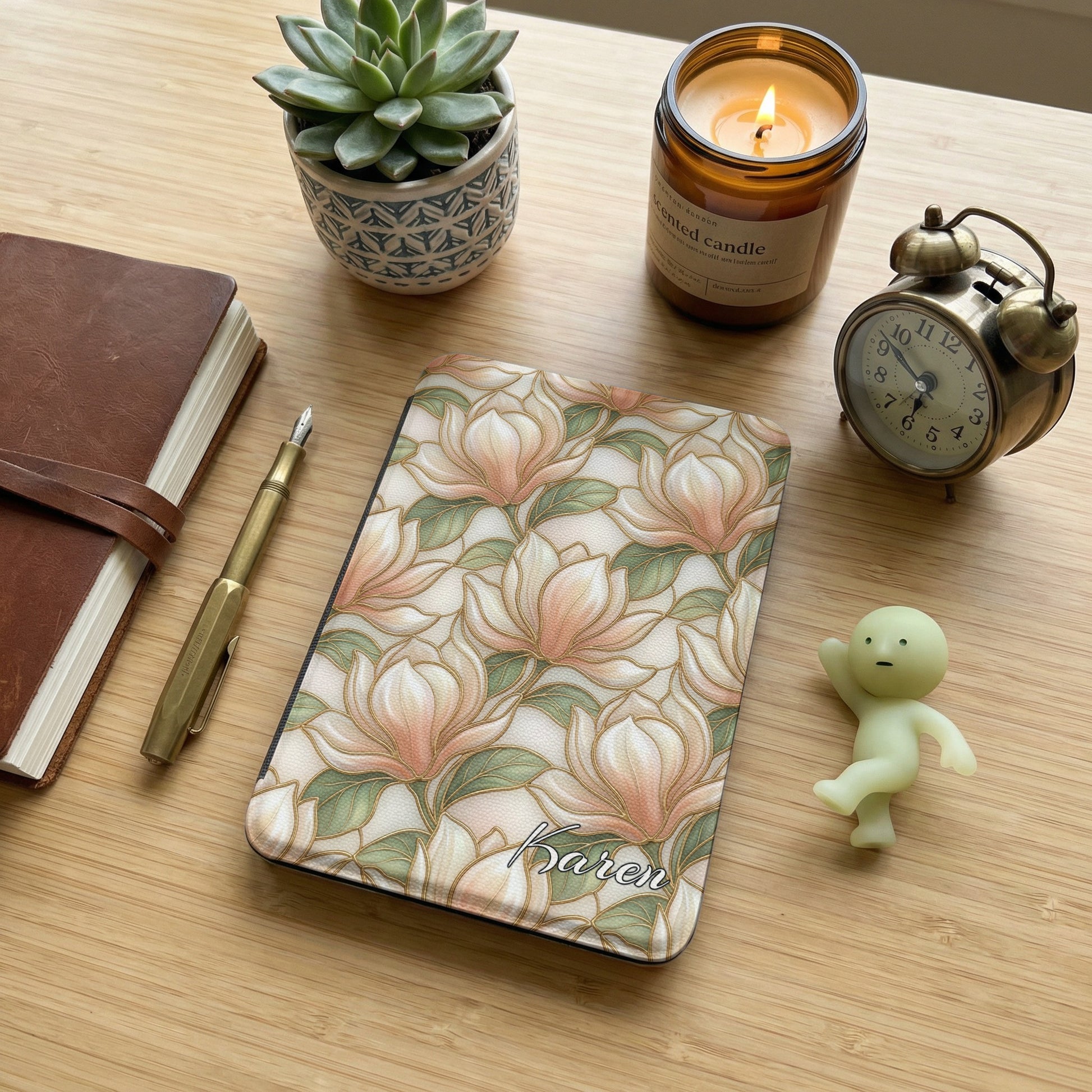 Floral patterned cardholder with "Karen" written on it.