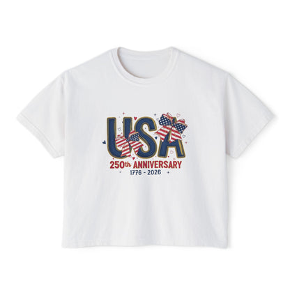 USA 250th Anniversary Women's Boxy Tee – Coquette Patriotic Crop Top | 4th of July Shirt for Women | America 250 T-Shirt | 1776-2026 Independence Day Outfit