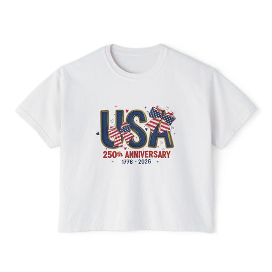 USA 250th Anniversary Women's Boxy Tee – Coquette Patriotic Crop Top | 4th of July Shirt for Women | America 250 T-Shirt | 1776-2026 Independence Day Outfit