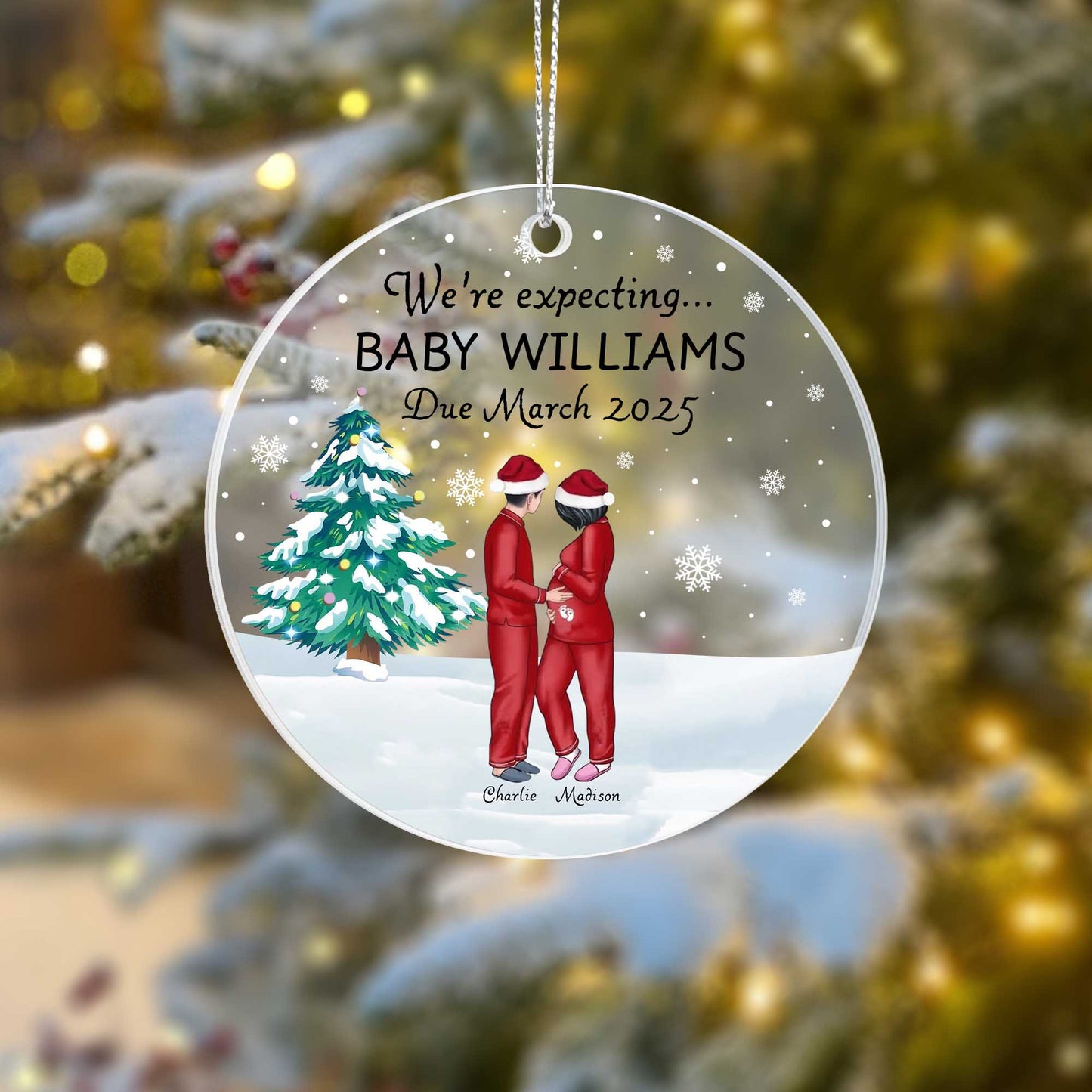 Personalized Acrylic Christmas Ornament - "We're Expecting" Baby Announcement - Due May 2025