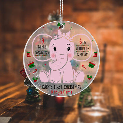 Baby’s First Christmas Ornament 2025 – Personalized Acrylic Ornament with Birth Stats & Name – Pink Elephant Newborn Keepsake Gift