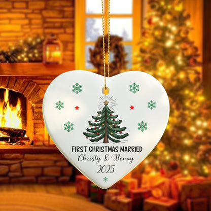 First Christmas Married Ornament 2025 – Personalized Heart Ceramic Christmas Ornament for Couples, Newlyweds, Mr & Mrs Gift Keepsake