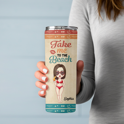 Personalized “Take Me to the Beach” 20oz Skinny Tumbler – Custom Summer Travel Cup with Name & Character !