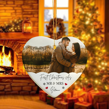 First Christmas As Mr & Mrs Photo Ornament – Personalized Ceramic Heart Ornament with Couple Picture & Family Name, Custom Newlywed Christmas Gift 2025