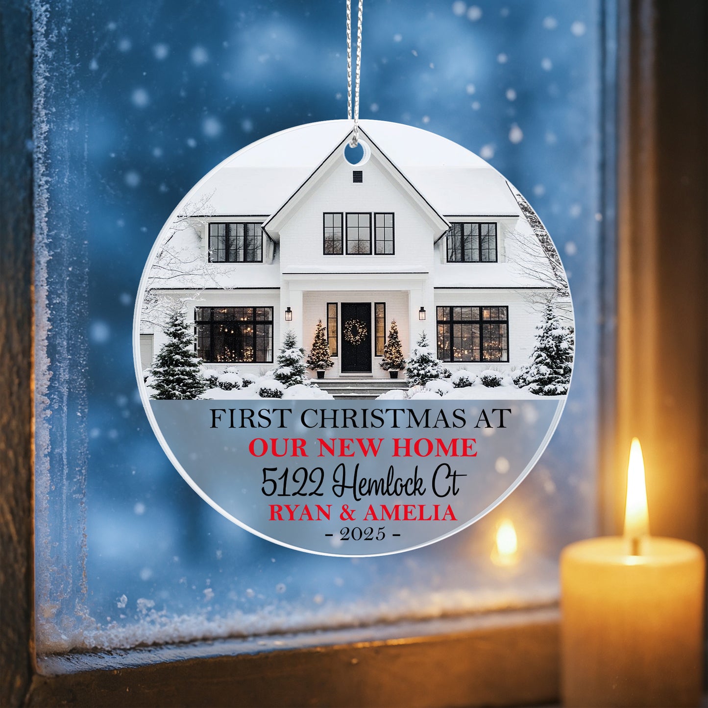 First Christmas at Our New Home Ornament 2025 – Personalized Acrylic Circle Ornament with Photo, Address & Names, Custom Housewarming Christmas Gift