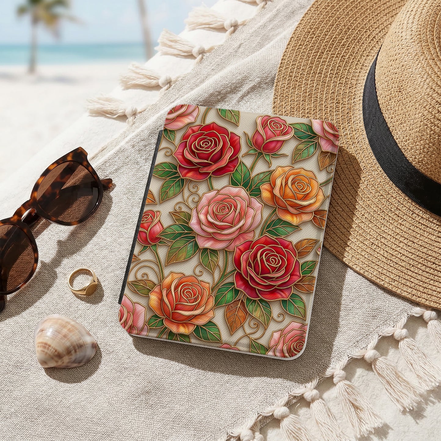 Patterned Colorful Embossed Rose Floral Design Kindle Case