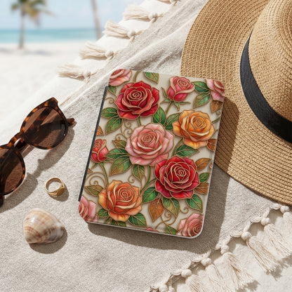 Patterned Colorful Embossed Rose Floral Design Kindle Case