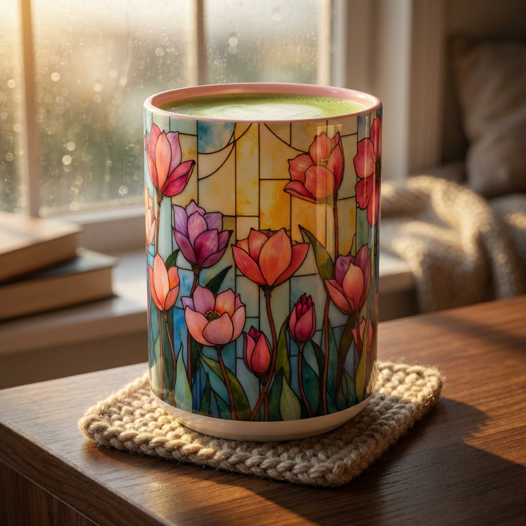 Stained Glass Tulip Mug – Floral Coffee Mug | Botanical Art Mug | Mother's Day, Birthday, Easter Gift for Her | 11oz & 15oz Accent Coffee Mug