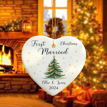 First Christmas Married Ornament 2025 – Personalized Ceramic Heart Ornament for Couples, Newlywed Christmas Tree Keepsake, Mr & Mrs Gift Decoration